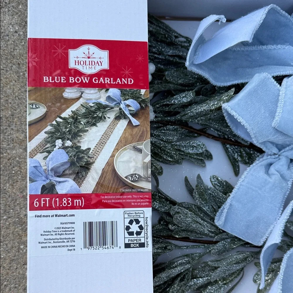 Holiday Time Frosted Blue Bow Garland - NWT